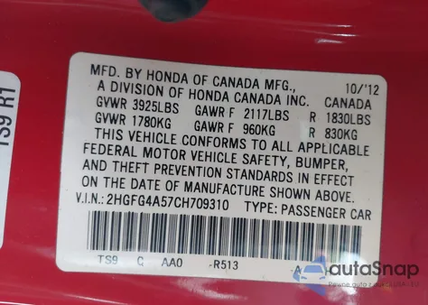 2012 Honda Civic Si z USA, uszkodzony, nr VIN 2HGFG4A57CH709310